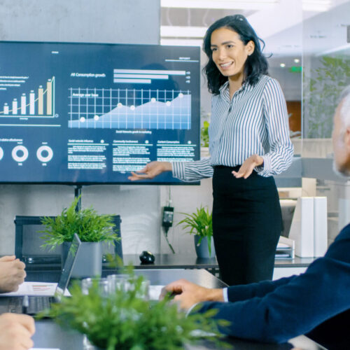 Beautiful,Businesswoman,Gives,Report/,Presentation,To,Her,Business,Colleagues,In