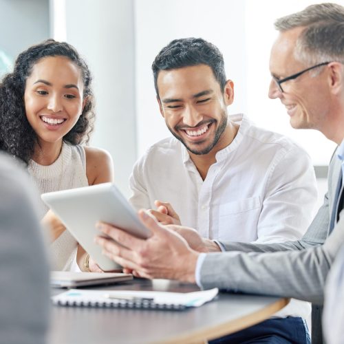 Happy,,Business,People,And,Meeting,With,Tablet,In,Office,For